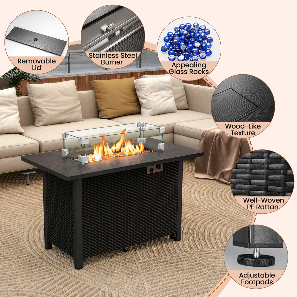 Gas fire pit table with removable lid, stainless steel burner, and glass rocks for outdoor warmth and elegance.
