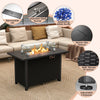 Gas fire pit table with removable lid, stainless steel burner, and glass rocks for outdoor warmth and elegance.