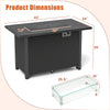 Dimensions of the 50000 BTU propane gas fire pit table with removable lid, featuring a black wood and rattan design.