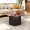 Round coffee table with walnut wooden top and solid wood frame, featuring a wave-shaped support for stability.