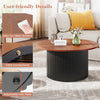 Round coffee table with walnut wooden top, solid wood frame, and adjustable foot pads for stability and easy.