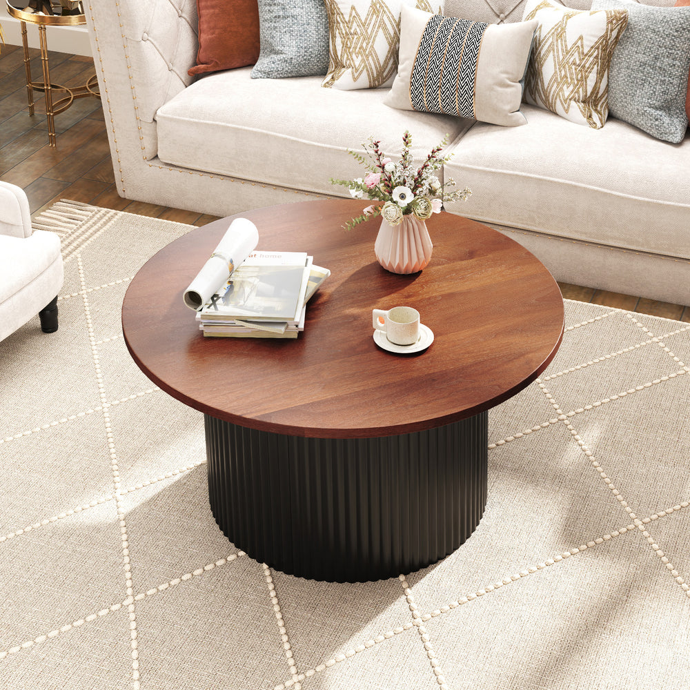 Round coffee table with walnut wooden top and solid wood frame, featuring a wave-shaped base for stability and style.