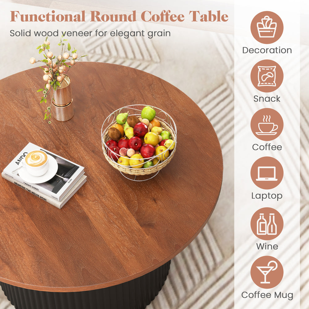 Round coffee table with solid wood frame and walnut finish, featuring a 32" tabletop for versatile use and ample.