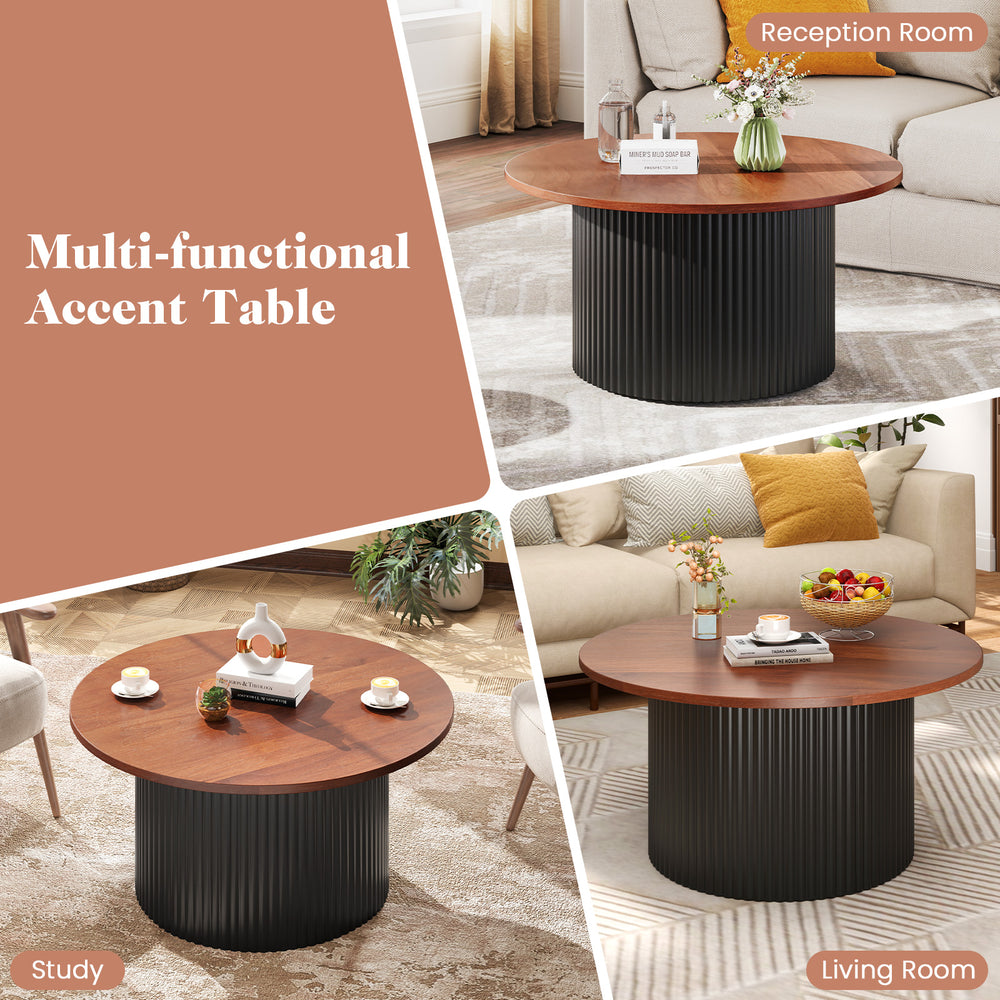 Round coffee table with walnut wooden top and solid wood frame, perfect for versatile use in living room or study.