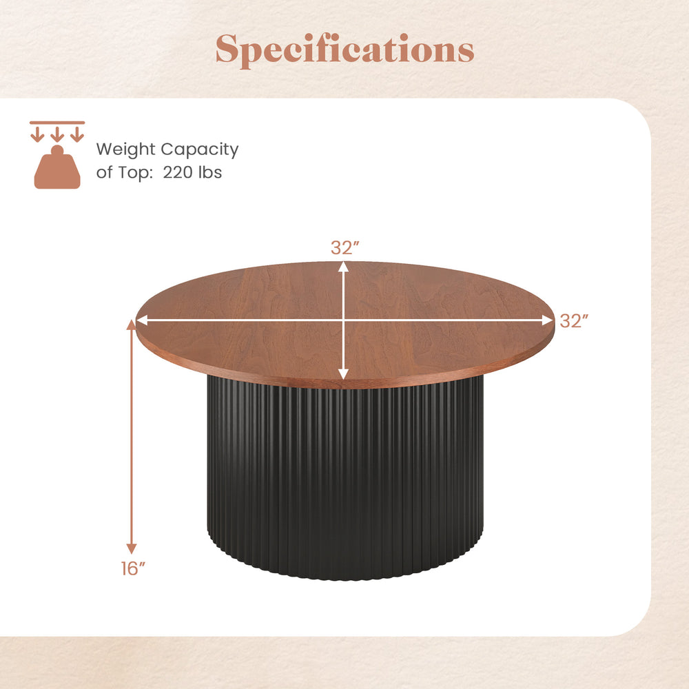 Round coffee table with walnut wooden top, solid wood frame, and wave-shaped support, ideal for versatile room settings.