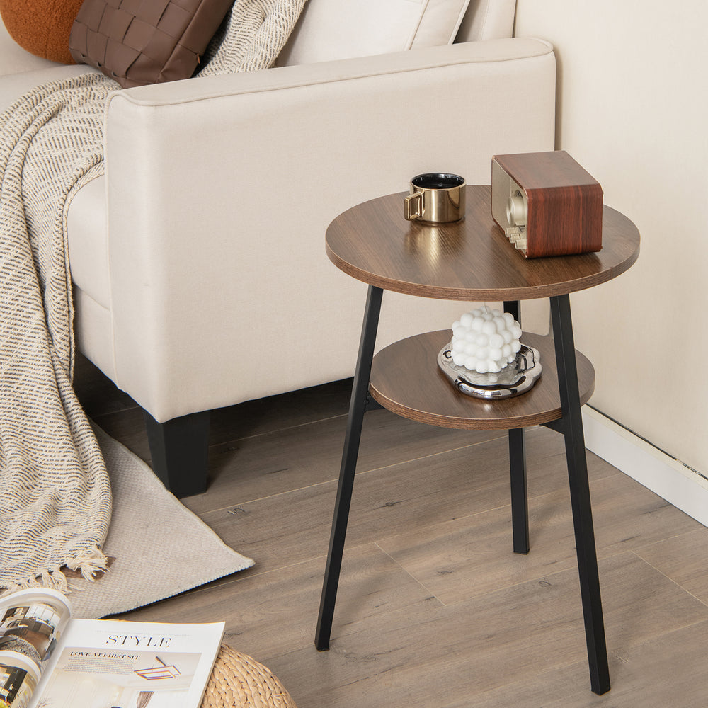 Round end table with walnut finish and triangular metal frame, featuring two open shelves for versatile storage.