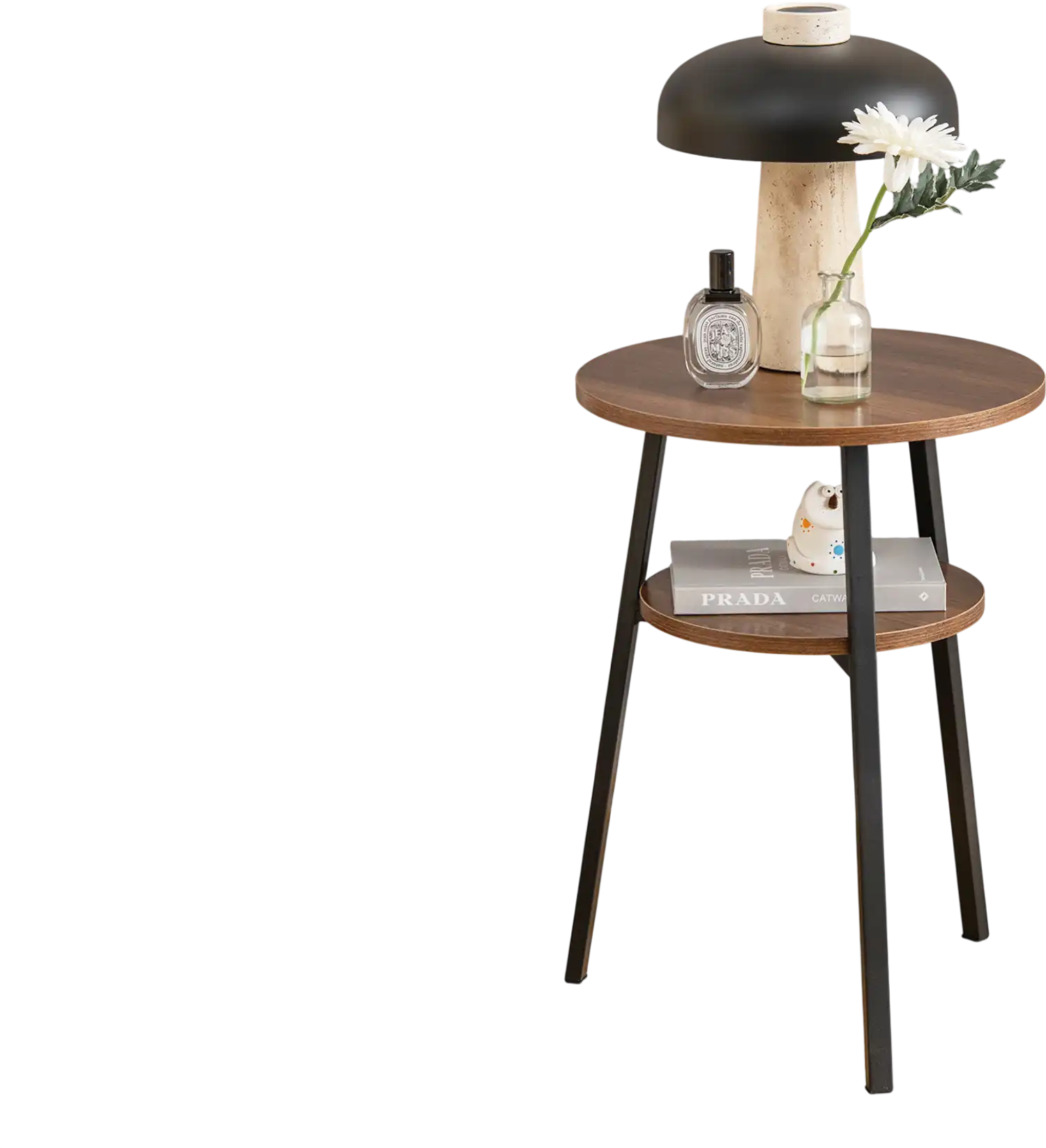 Costway 2-Tier Round End Table Set of 2 Open Shelf Triangular Metal Frame Walnut 87256194 New