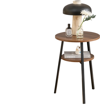 Costway 2-Tier Round End Table Set of 2 Open Shelf Triangular Metal Frame Walnut 87256194 New