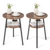 Set of 2 walnut round end tables with triangular metal frame, featuring open shelves for versatile storage.
