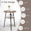 Round end table with triangular metal frame and walnut finish, featuring 2 open shelves for versatile storage.