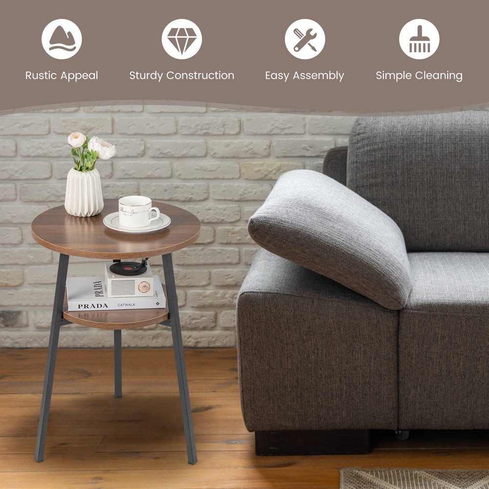 Round end table with walnut finish, triangular metal frame, and open shelf for versatile living room use.