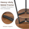 2-tier round end table set with triangular metal frame, walnut finish, featuring open shelves for versatile storage.
