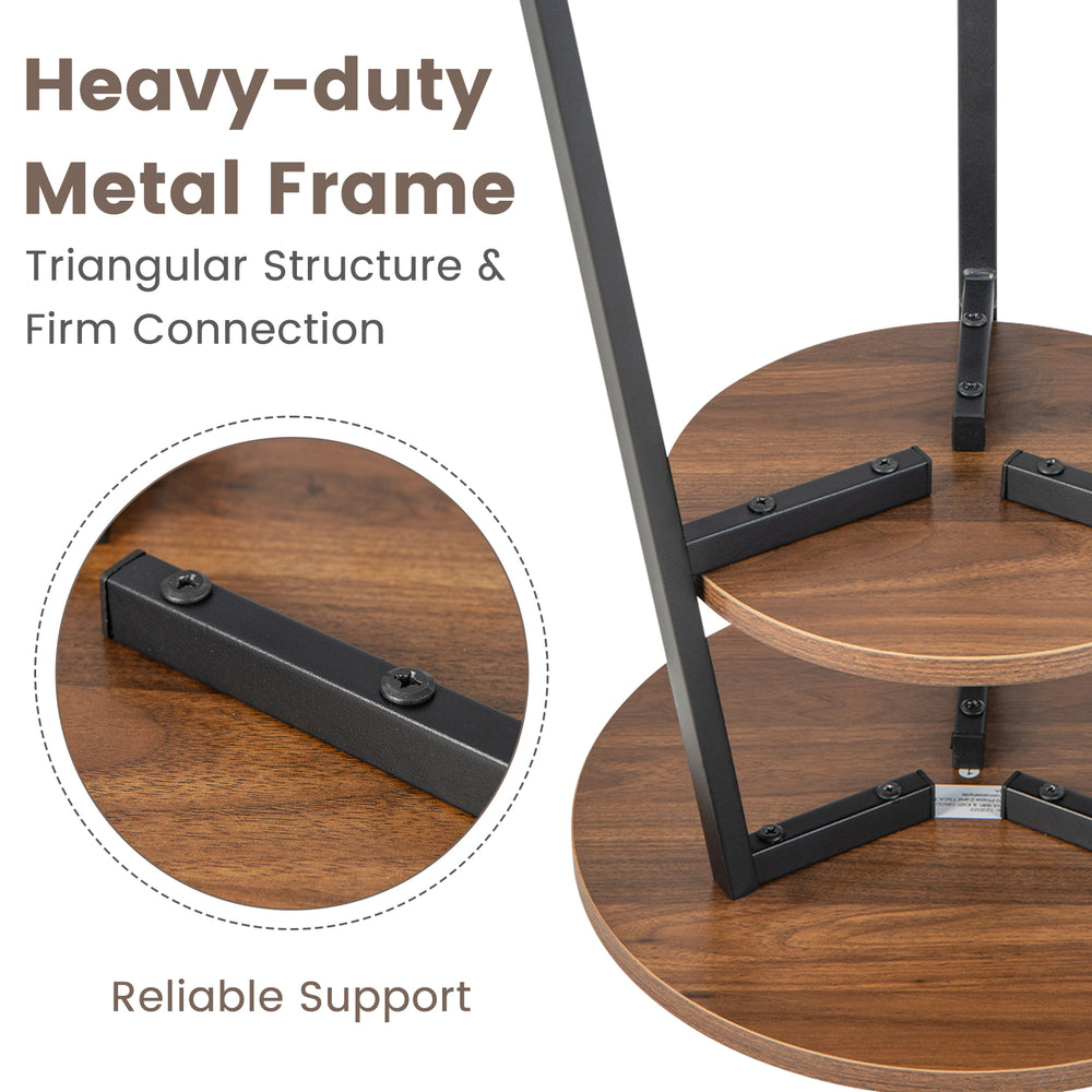 2-tier round end table set with triangular metal frame, walnut finish, featuring open shelves for versatile storage.