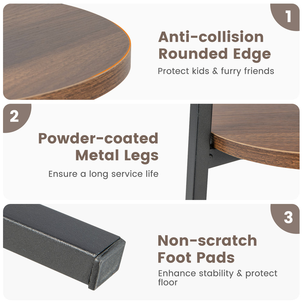 2-tier round end table set with triangular metal frame, walnut finish, featuring anti-collision edges for safety.