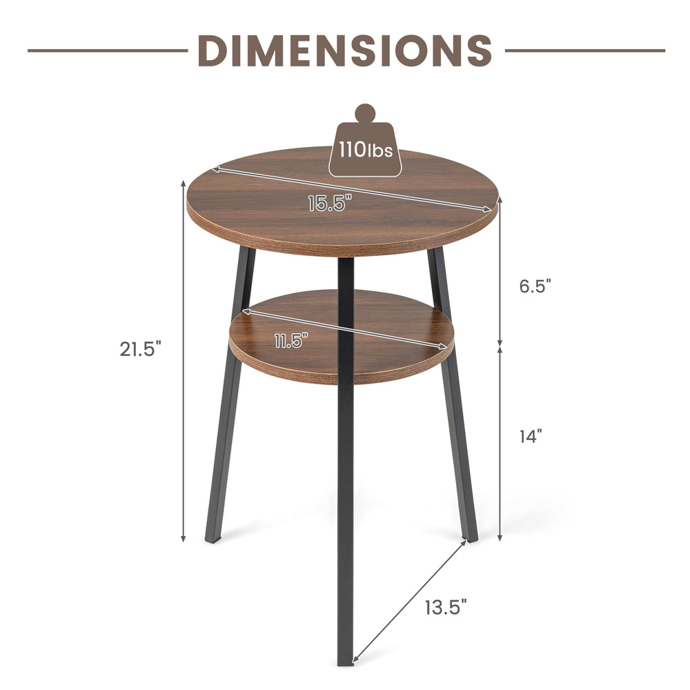 2-tier round end table with walnut finish, triangular metal frame, dimensions 21.5" height, 15.5" top diameter, ideal.