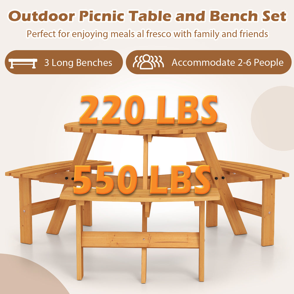 Round picnic table set with 3 benches, crafted from fir wood, accommodates 2-6 people for outdoor meals.