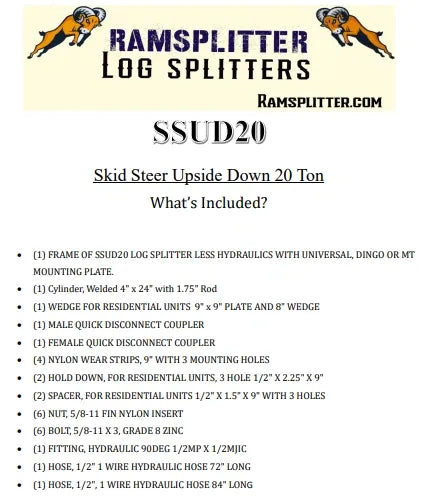 Ramsplitter SSUD20 Skid Steer Upside Down Log Splitter 20 Ton New