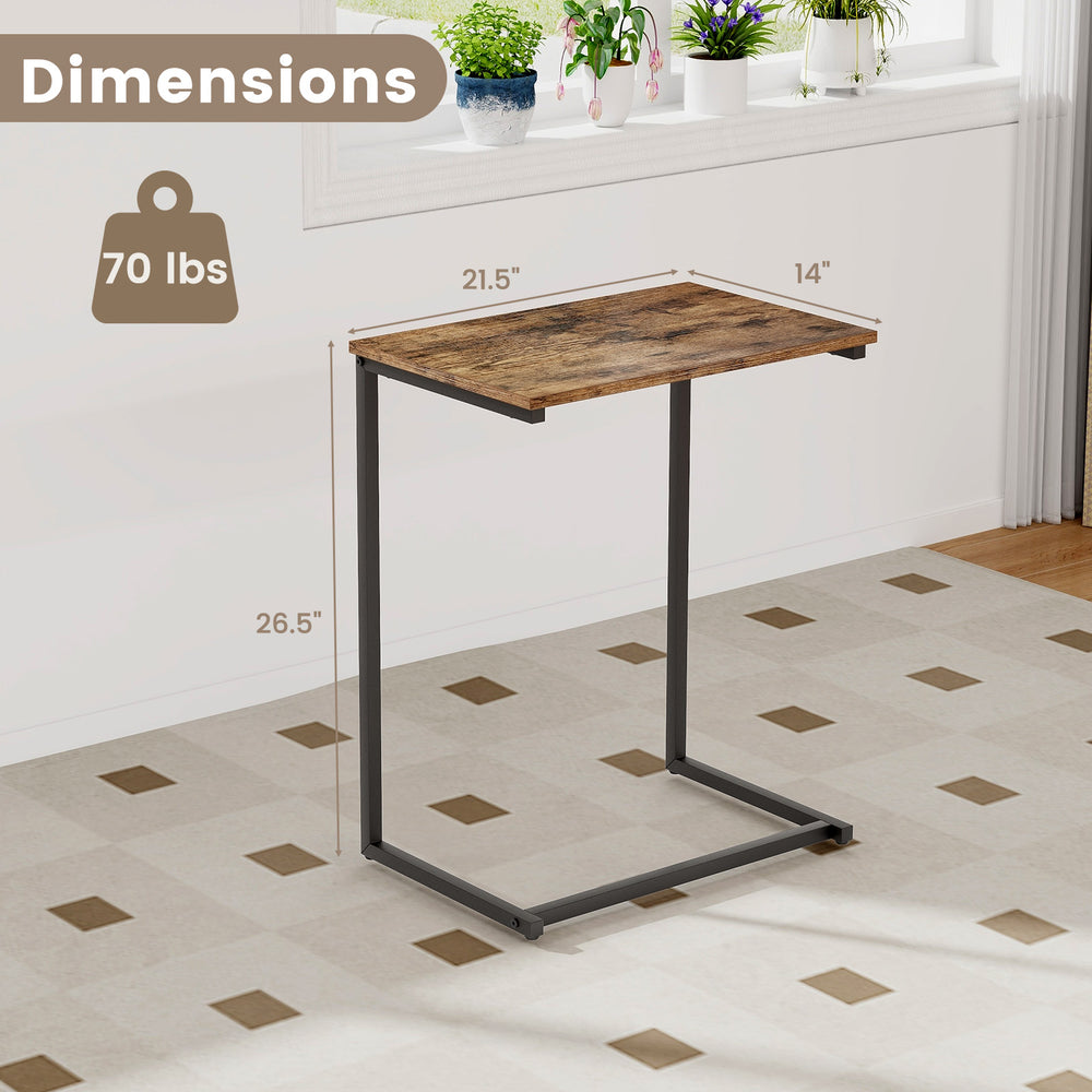 C-shaped industrial end table showing dimensions, featuring a rustic wood grain finish and sturdy metal frame for.