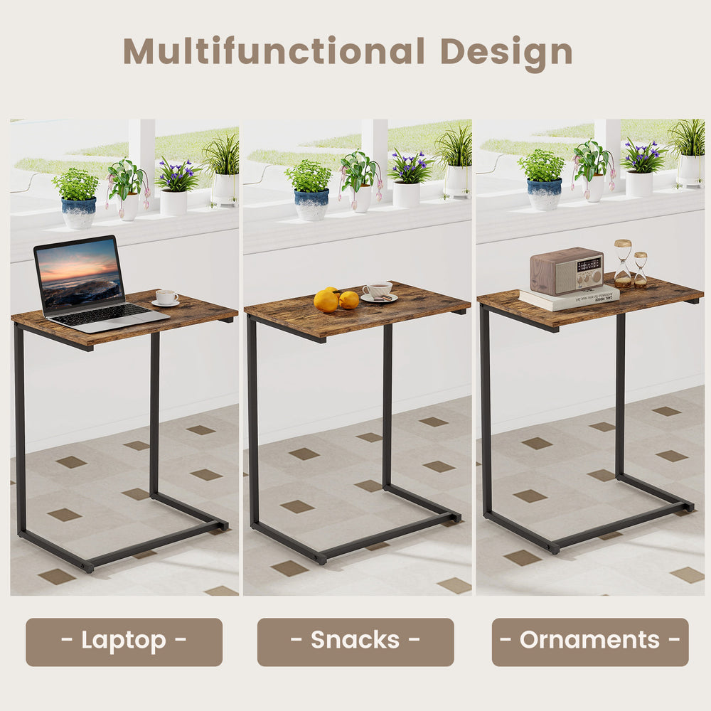 C-shaped industrial end table with wood grain finish, ideal for snacks, work, or ornaments in small spaces.