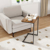 C-shaped industrial end table with wood grain finish and metal frame, perfect for small spaces and multifunctional use.