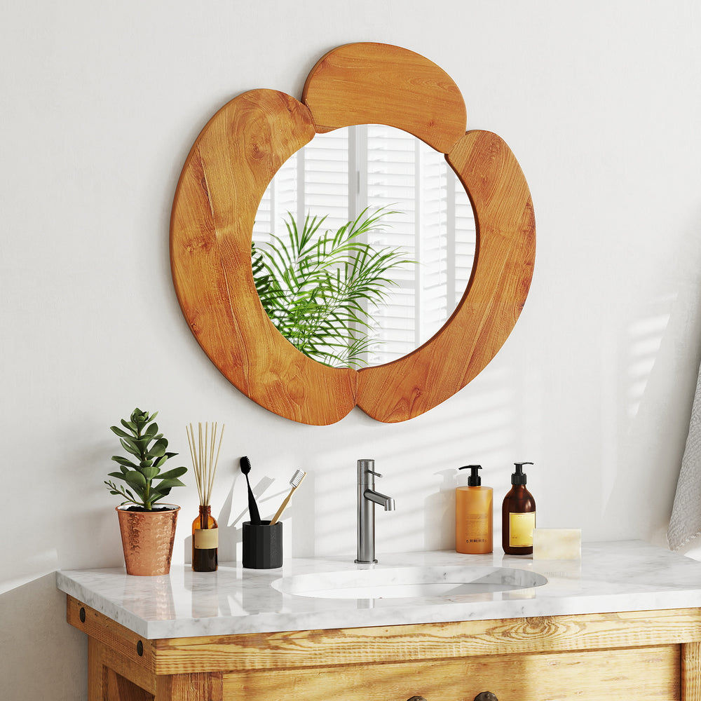 29-inch rustic hanging vanity mirror with a teak wood frame, featuring an elegant curved design for stylish decor.