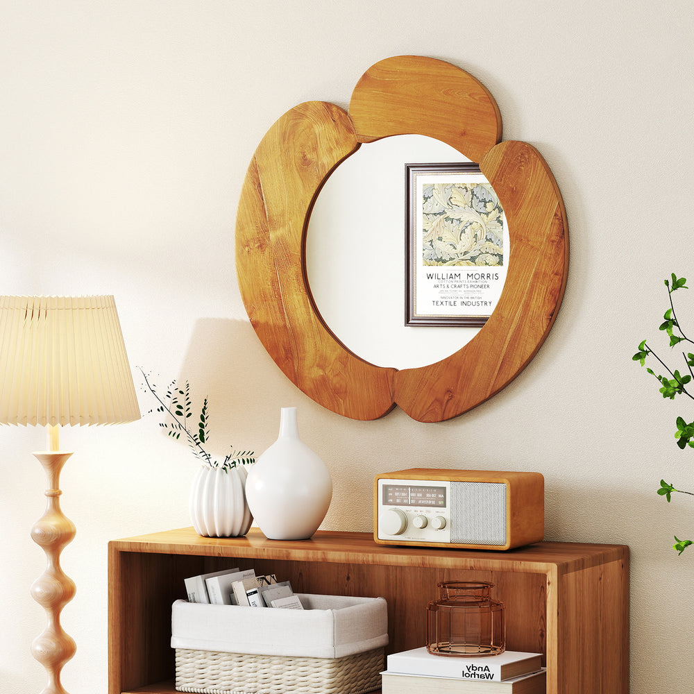 Rustic 29-inch hanging vanity mirror with a solid teak wood frame, featuring an elegant curved design for stylish decor.