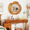 Rustic 29-inch hanging vanity mirror with a teak wood frame, featuring an elegant curved design for stylish room decor.