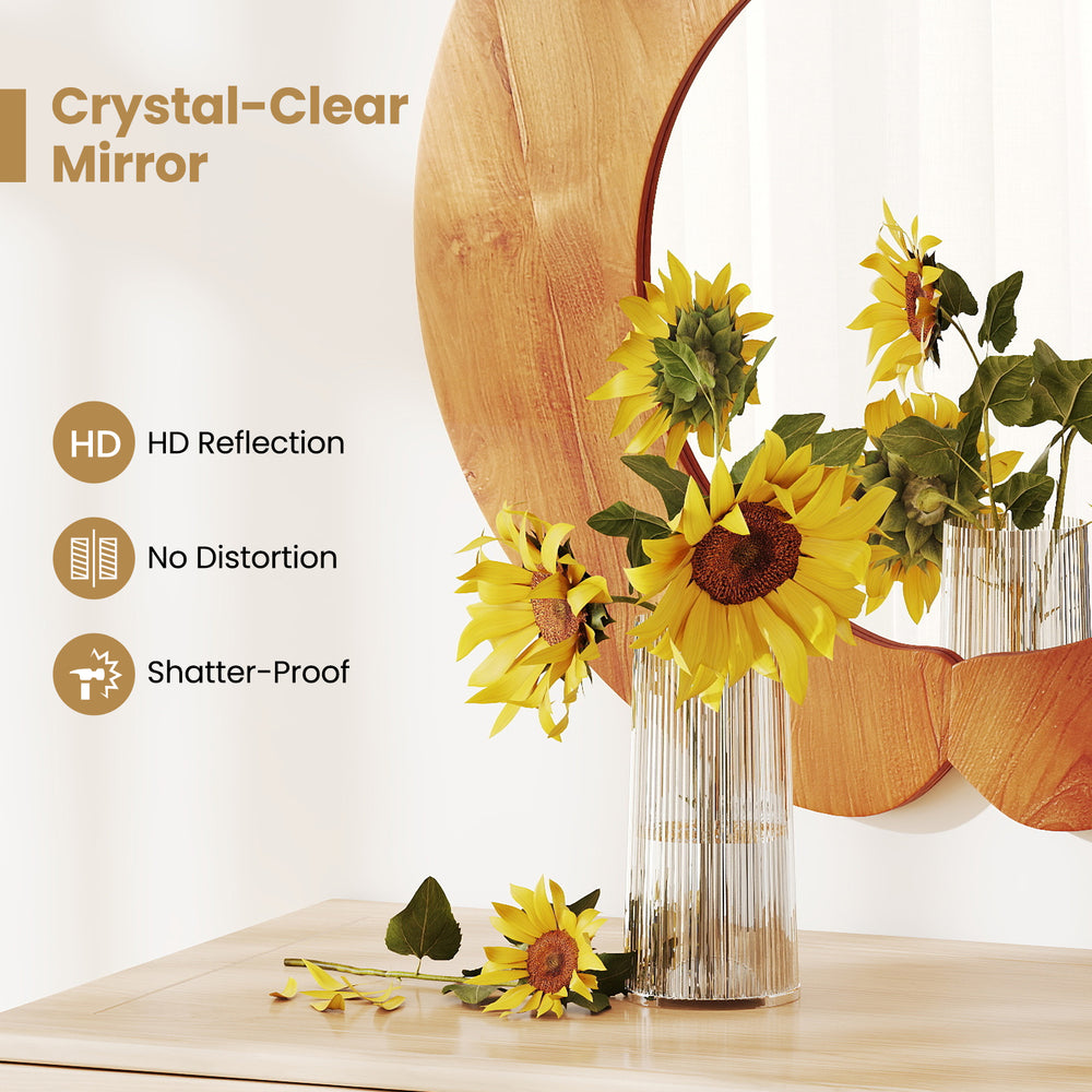 29-inch rustic hanging vanity mirror with solid teak wood frame, featuring HD reflection and elegant curved design for.