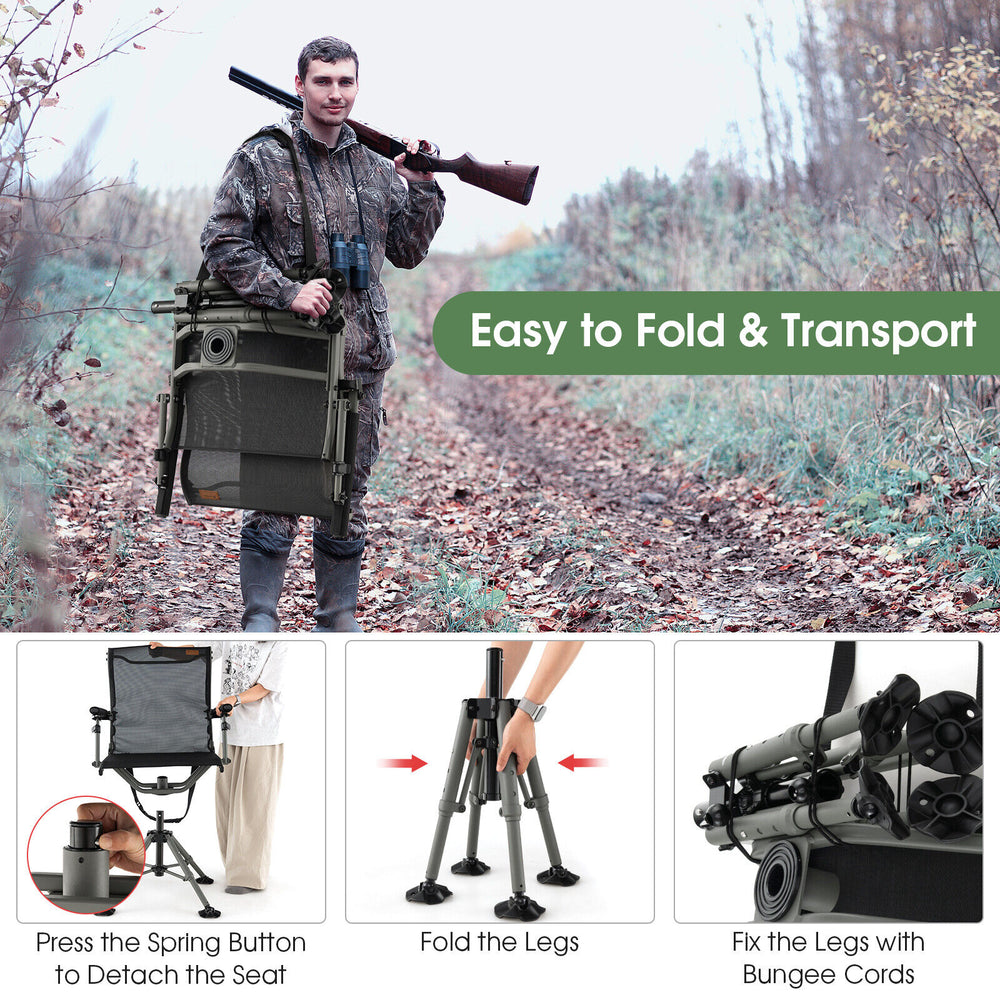 360-degree silent swivel hunting chair in black, featuring foldable legs and a carry strap for easy transport and.