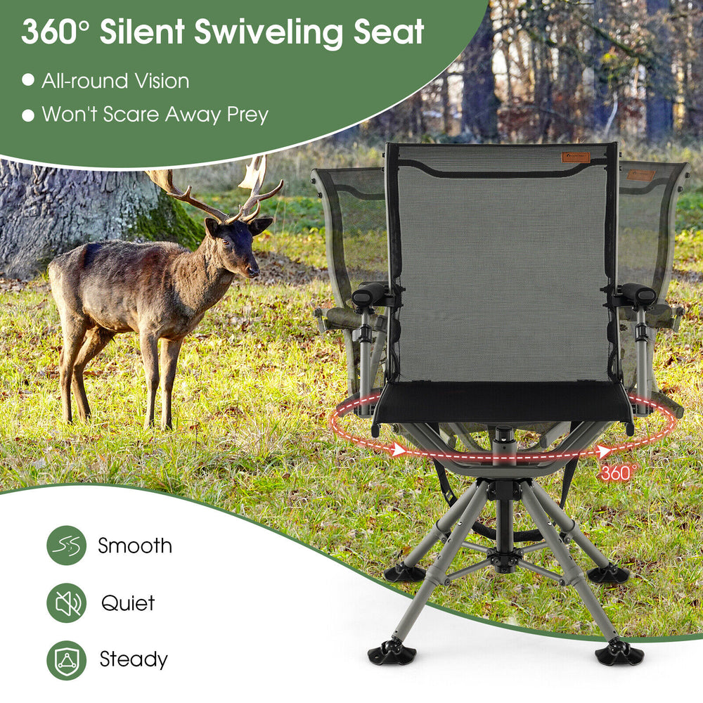 360° silent swiveling hunting chair in black with adjustable height and breathable fabric for comfortable outdoor use.