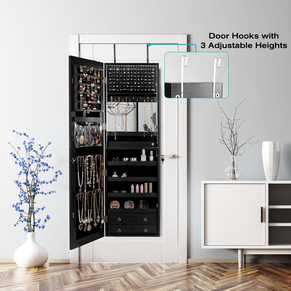 Multipurpose black storage cabinet with full-length mirror, 4 drawers, and jewelry hooks, ideal for bedroom.