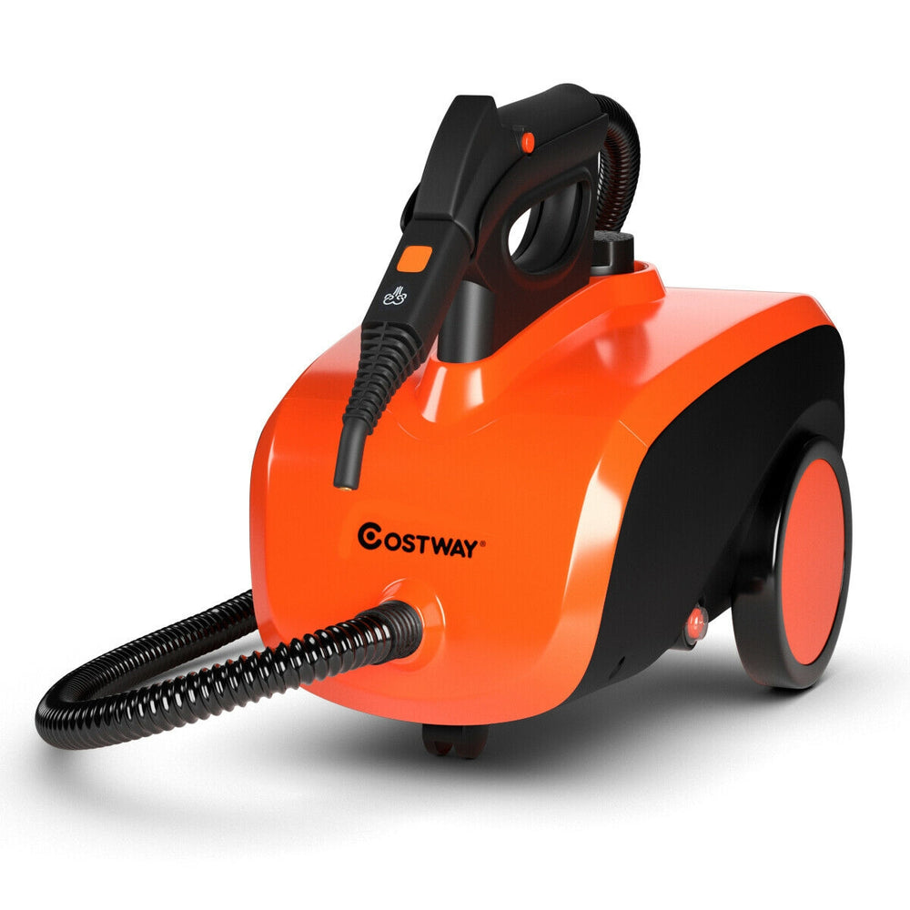 Heavy duty household steam cleaner in orange with hose, 1500W power, and 18 accessories for versatile cleaning.