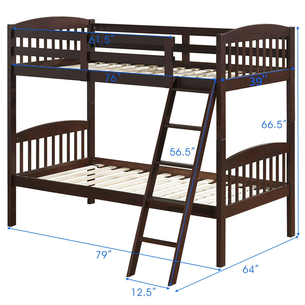 Costway Hardwood Twin Bunk Beds with Inclined Ladder and Safety Guardrails New