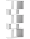 Ladder corner bookshelf in white with 5 cubes, made of P2 particleboard, ideal for storage and display in small spaces.