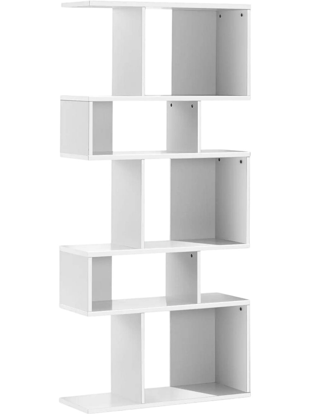 Ladder corner bookshelf in white with 5 cubes, made of P2 particleboard, ideal for storage and display in small spaces.