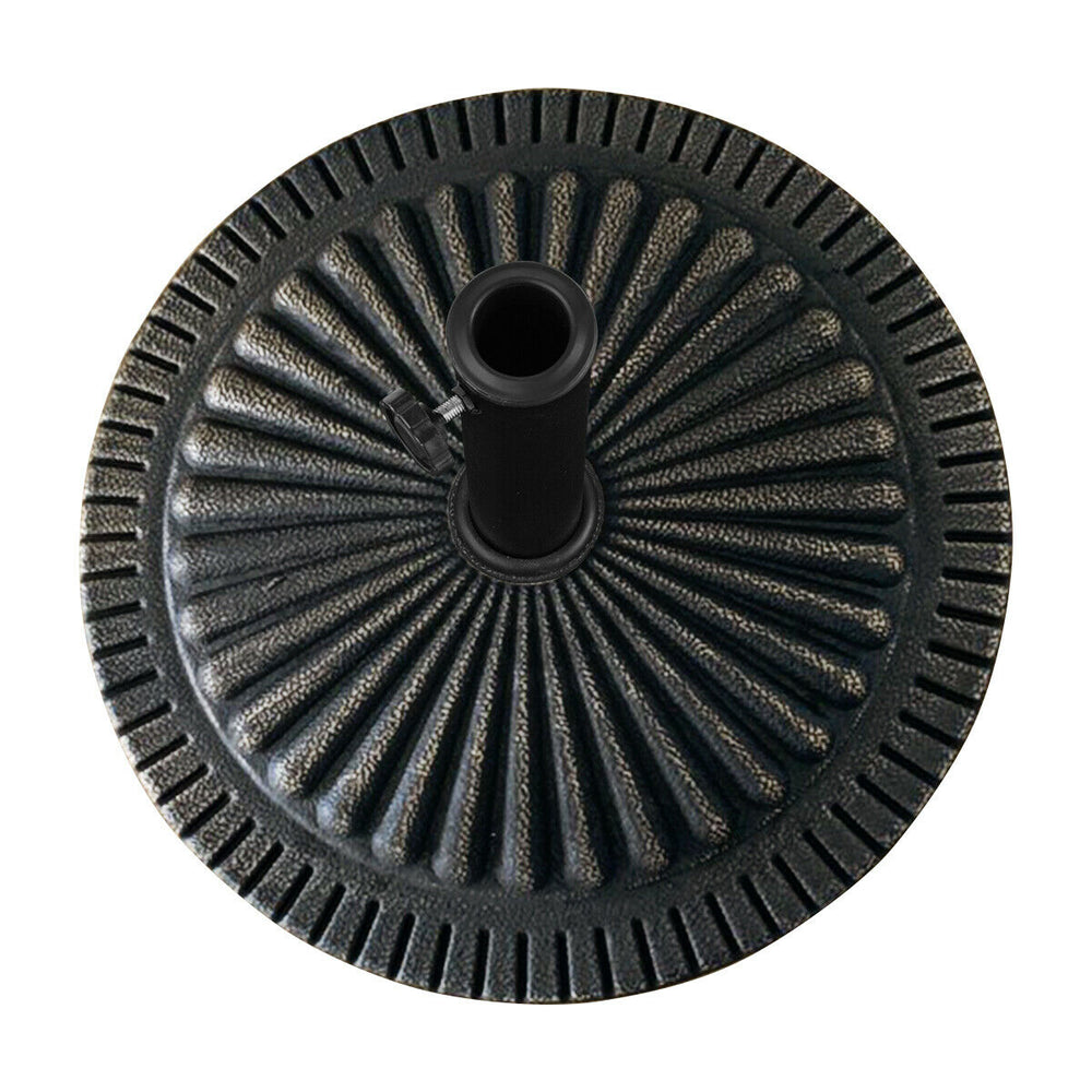 Heavy-duty bronze umbrella base with petaloid hand-turn knob, designed for stability in outdoor settings like patios.
