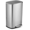 Stainless steel 13.2-gallon trash can with a foot pedal, separate bucket, and noiseless lid for easy waste disposal.