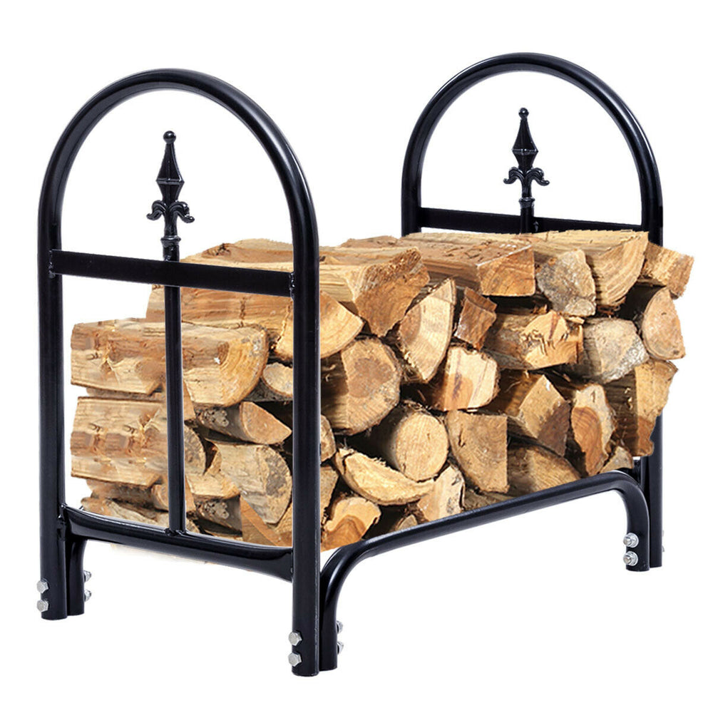 Sturdy 2 feet outdoor firewood storage rack made of heavy-duty steel, providing excellent ventilation for logs.