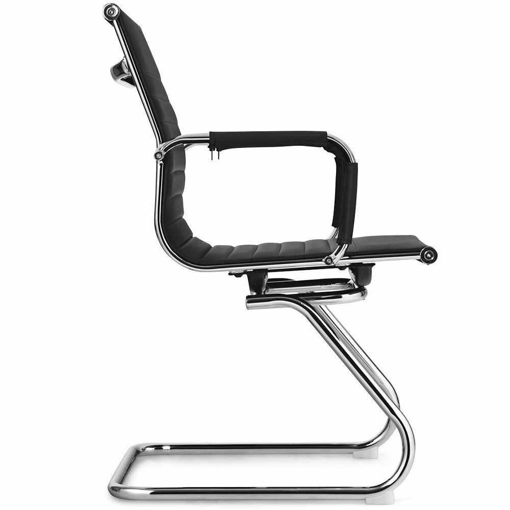 Side view of a heavy-duty conference chair with PU leather in black, featuring an ergonomic design and sled base for.