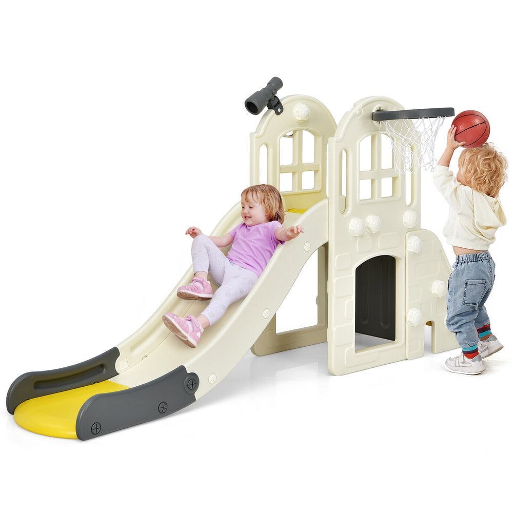 Multifunctional 6-in-1 kids slide playset with basketball hoop, tunnel, and climbing features in yellow for indoor and.