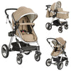 Folding aluminum baby stroller in beige with adjustable canopy, multi-position seat, and large storage basket for.
