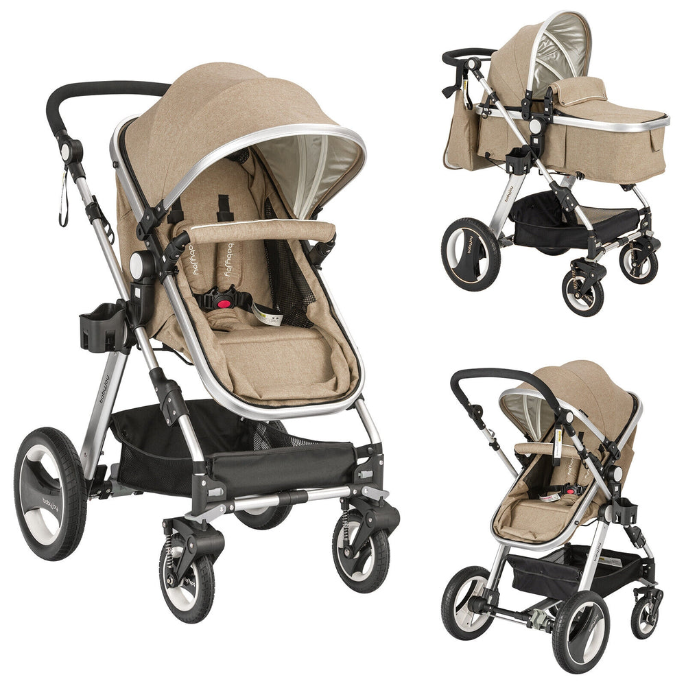 Folding aluminum baby stroller in beige with adjustable canopy, multi-position seat, and large storage basket for.