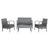 Detail of the soft cushion and woven rattan on a single chair from the 4-piece outdoor conversation set for patio.