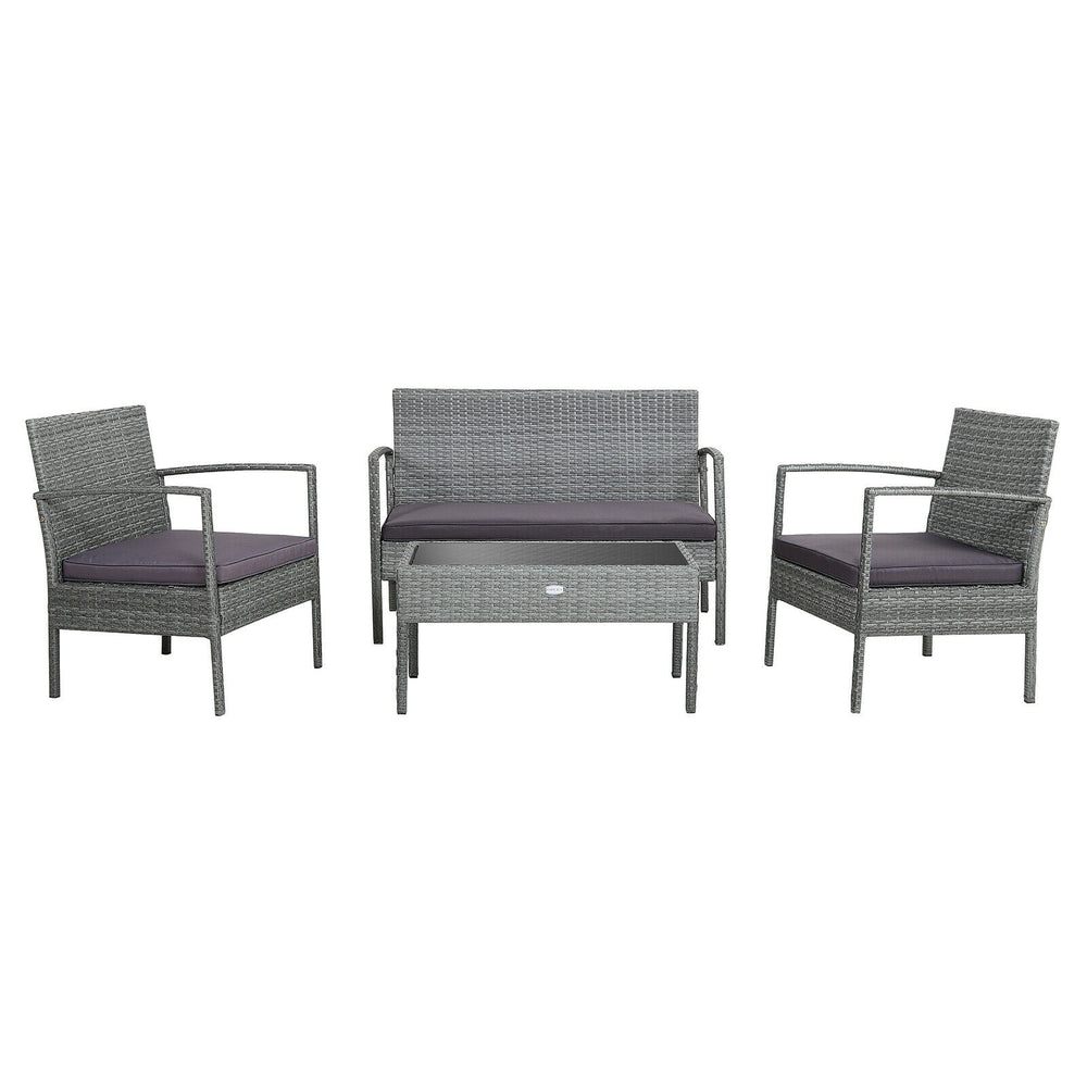 Detail of the soft cushion and woven rattan on a single chair from the 4-piece outdoor conversation set for patio.