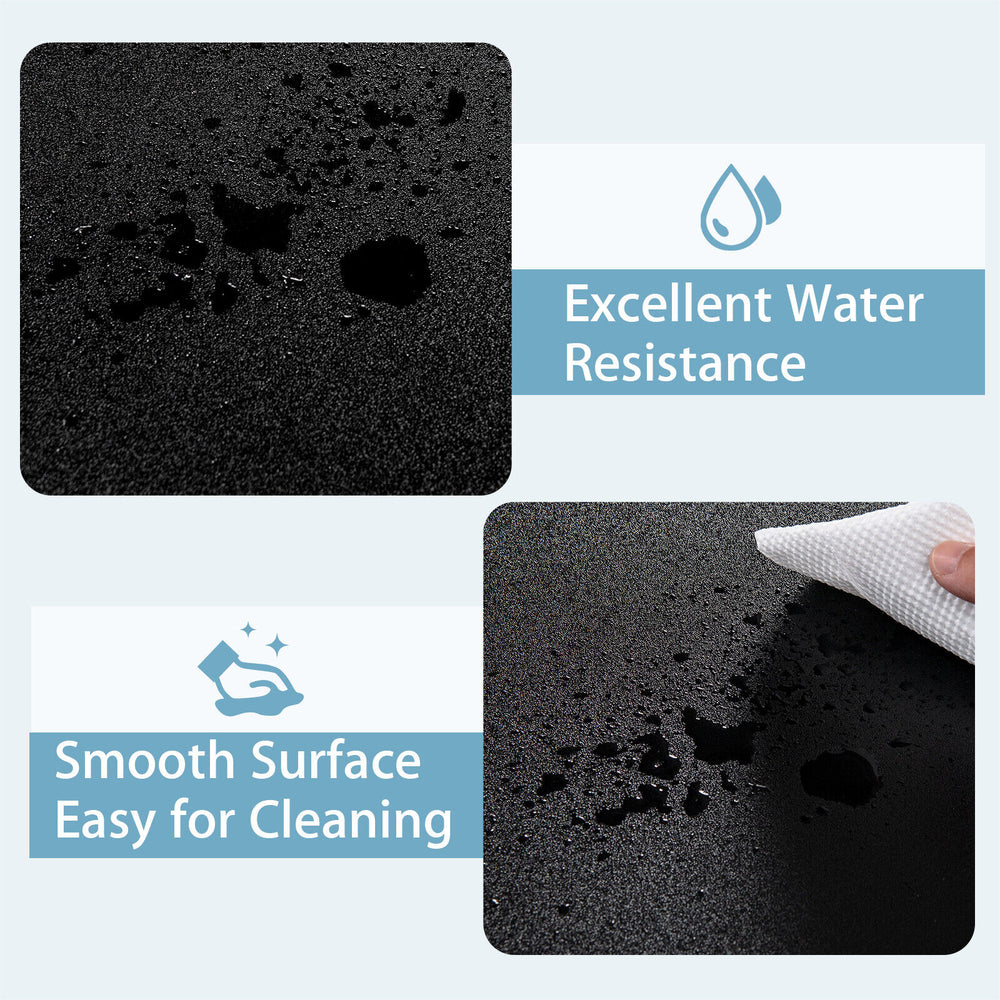 Close-up of the waterproof surface of the black corner computer desk, showcasing excellent water resistance and easy.