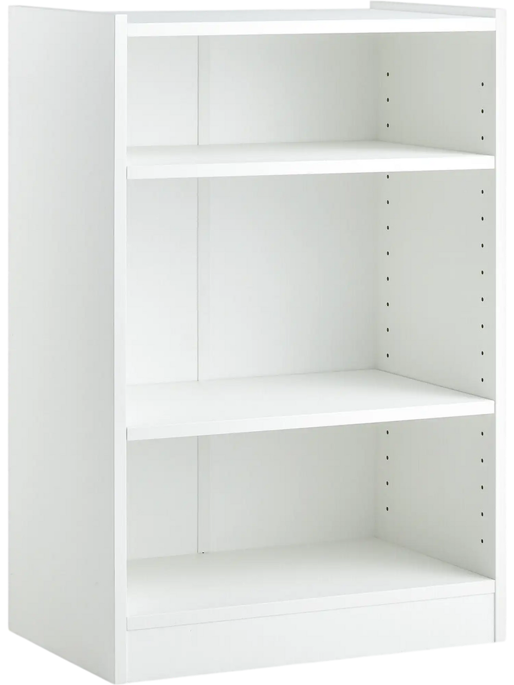 3-tier white bookcase with adjustable shelves, sturdy design, ideal for organizing living room or bedroom supplies.