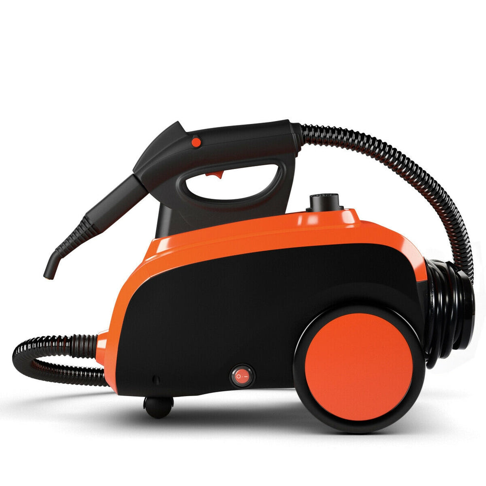 Heavy duty household steam cleaner in black and orange with wheels, 1500W power, and 18 accessories for versatile.