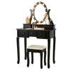 Vanity table set in black with oval mirror, 12 LED bulbs, and cushioned stool, perfect for makeup and writing.