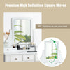 Square rotating mirror on a white vanity set with 5 drawers, perfect for makeup and storage in any room.