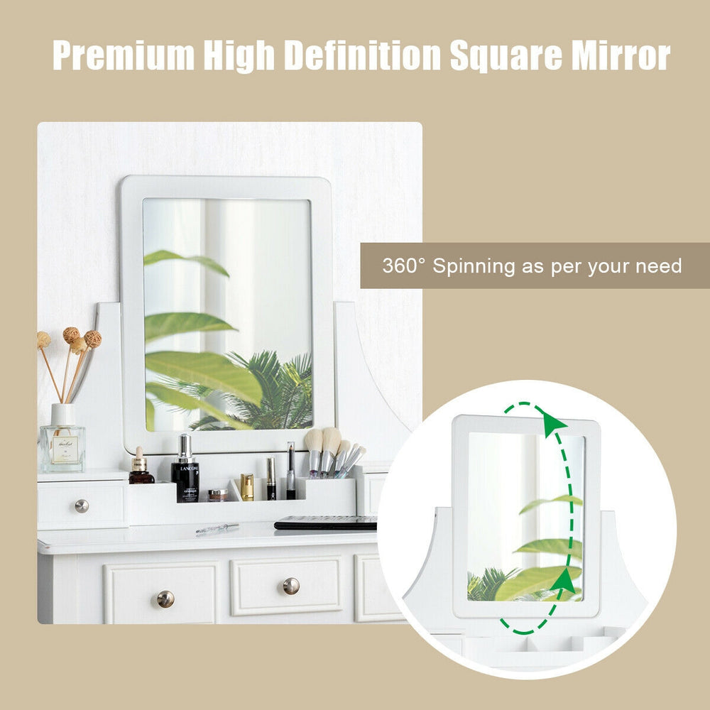 Square rotating mirror on a white vanity set with 5 drawers, perfect for makeup and storage in any room.